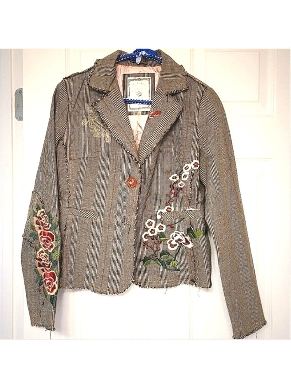 Paparazzi Y2K Blazer Boho Floral Embroidered Tweed Plaid Striped Button Front
